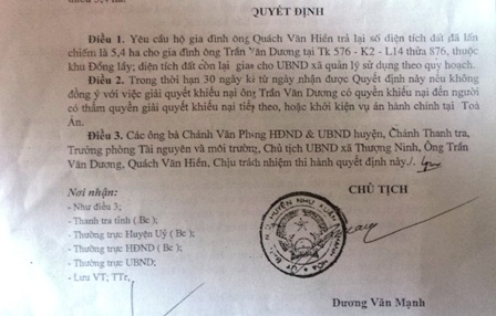 UBND huyện Như Xuân có quyết định giải quyết từ năm 2012 nhưng đến nay vẫn chưa xử lý được.