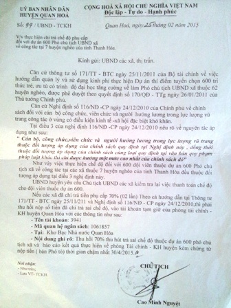 Hàng loạt Phó chủ tịch xã về huyện nghèo hoang mang vì bị cắt tiền hỗ trợ - 1 Công văn của Chủ tịch UBND huyện Quan Hóa.