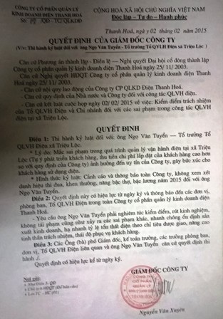 Quyết định thi hành kỷ luật đối với tập thể và cá nhân Tổ quản lý vận hành điện xảy ra sai phạm.
