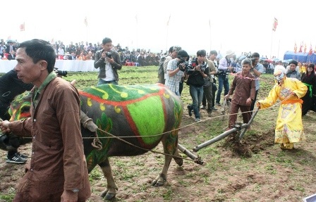 Vua đi cày 3 sá cầu mong mùa màng bội thu.