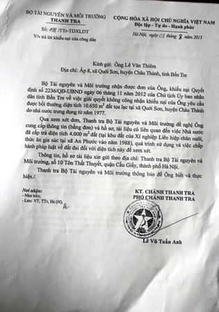 Văn bản hướng dẫn bổ sung hồ sơ của Thanh tra Bộ TNMT