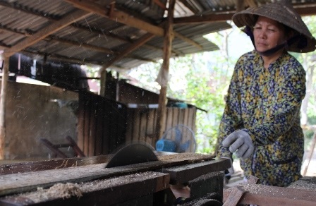 Bà Vân với công việc cưa gỗ vất vả