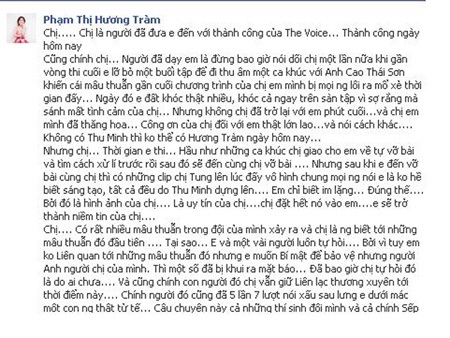 Thu Minh quyết định im lặng trước "ồn ào" với học trò cũ Hương Tràm - 3 Một phần bức tâm thư của Hương Tràm được cô chia sẻ trên trang cá nhân