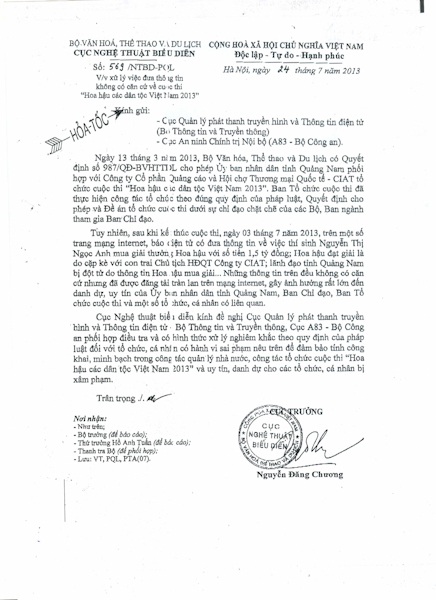 Công văn của Cục Nghệ thuật Biểu diễn