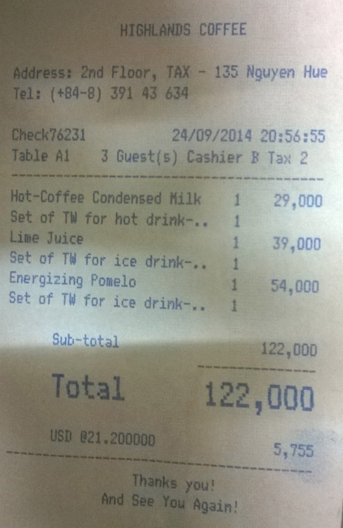 Hóa đơn tính tiền cuối cùng của Highlands Coffee tại thương xá Tax