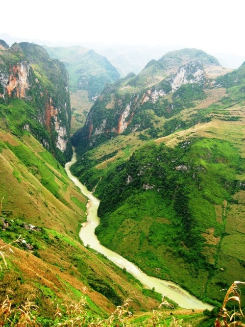  Từ đỉnh đèo thấy sông Nho Quế yên bình vắt ngang núi.