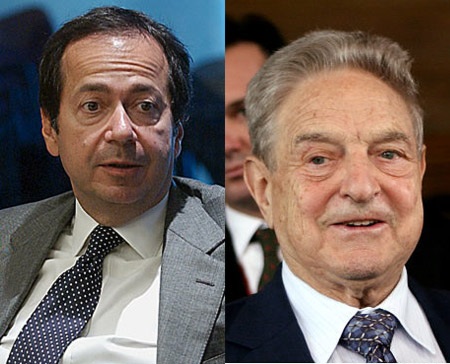 Tỷ phú John Paulson (trái) và tỷ phú George Soros.