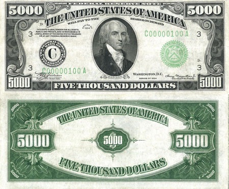 Tờ 5.000 USD được in vào năm 1934, có hình Tổng thống James Madison.