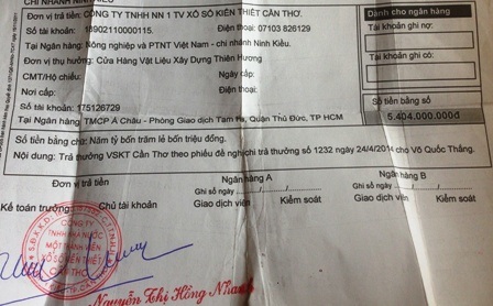 Tờ ủy nhiệm chi tiền trúng số anh Thắng còn lưu giữ để làm kỷ niệm.