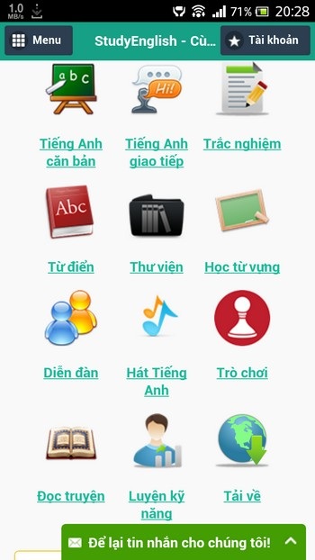 Ứng dụng học tiếng Anh cho người Việt của nam sinh 14 tuổi - 1 Giao diện ứng dụng “Cùng bạn học tiếng Anh” trên Android