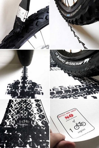 Vẽ tranh tuyệt đẹp bằng... lốp xe đạp - 9 Lốp xe được sơn màu đen trước khi được in lên giấy để tạo ra các chi tiết
