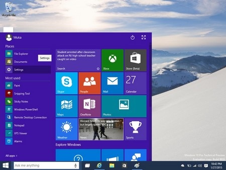 Giao diện Start Menu mới trên Windows 10. Chức năng Cortana nằm kế bên nút bấm Start