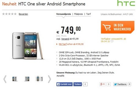 Thông tin chi tiết HTC One M9 xuất hiện trên trang bán lẻ CyberPort của Đức