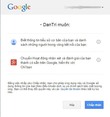 Hướng dẫn chi tiết cách thức tham gia bình luận trên Dân trí - 5 Cho phép sử dụng tài khoản Google để gửi bình luận trên