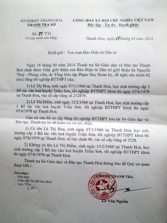 Công văn Sở Giáo dục và Đào tại tỉnh Thanh Hóa xác nhận không có bằng của bà Điểm.