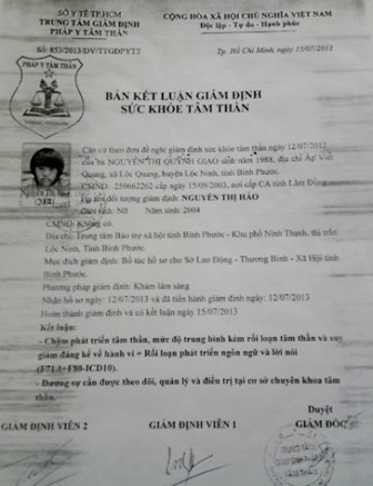 Kết quả giám định tâm thần của cháu Hảo