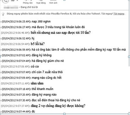 Lừa đảo qua nick chat yahoo: Lừa ảo, mất thật - 1 Một đoạn hacker “dụ” chị Khanh nạp tiền