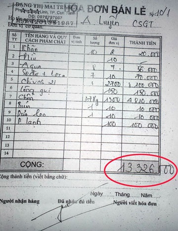 Vụ ép doanh nghiệp trả tiền nhậu: Trung tá Luyến nhận sai và xin một cơ hội - 2 Hóa đơn tiền nhậu hơn 13,3 triệu đồng của ông Luyến mà DN vận tải phải trả. Ảnh: PN