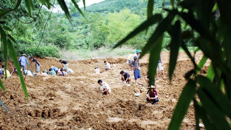 Khốc liệt cuộc săn tìm đá trắng, nuôi mộng đổi đời - 1 Người dân đào bới tìm đá trong khu vườn nhà anh Tường, xóm Ngành