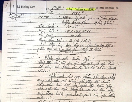 Thư của phạm nhân Lê Hoàng Sơn gửi cho bị hại.