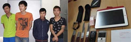 Đằng sau các dịch vụ giải trí nhạy cảm: Bảo kê, điều gái, cho vay nặng lãi - 2 Tuấn “bạc” (ngoài cùng bên phải) và hung khí của nhóm Tuấn “bạc”.