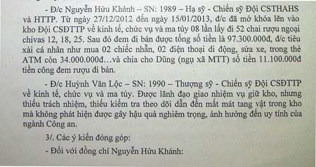 Loại ngũ một công an trộm tang vật - 1 Văn bản họp xử lý kỷ luật hạ sĩ Nguyễn Hữu Khánh.