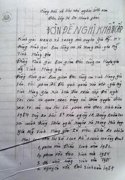 Một nam thanh niên tử vong bất thường - 2 Đơn đề nghị làm rõ nghi án giết người, vứt xác phi tang của thân nhân anh Phan Văn Đạo.