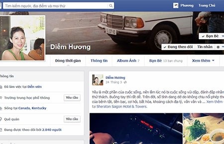 Giao diện Facebook Diễm Hương do NPHM lập khi chưa bị khóa. Ảnh: PN