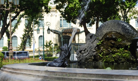 Những con cóc ngày ngày phun nước lên tháp đá, tạo nên một bản sắc riêng của vườn hoa