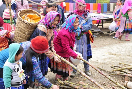  Đông vui nhất là khu vực bán thổ cẩm và dãy hàng mía.