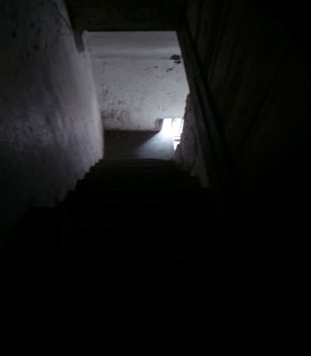 Những bậc cầu thang dẫn lên gác 2 của con gõ đượcbao trùm một màu đen.