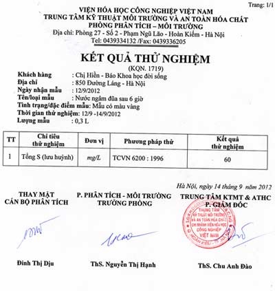 Phát hiện lưu huỳnh trong đũa dùng một lần - 2 Kết quả mẫu đũa do phóng viên xét nghiệm tại Viện Hóa học Công nghiệp Việt