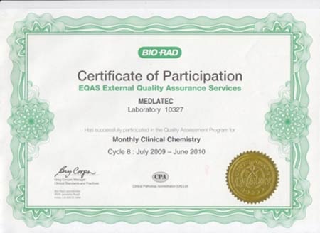 Chứng nhận
ngoại kiểm chất lượng xét nghiệm.