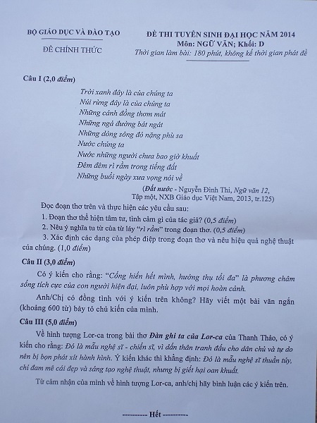 Đề Văn khối D. (Ảnh: Viết Hảo)