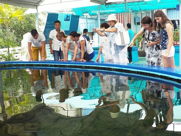 Du khách thích thú khi tham quan Bảo tàng Hải dương học Nha Trang.