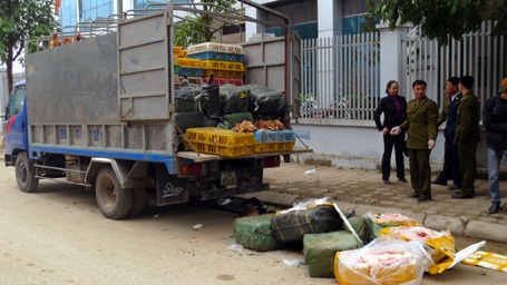 Chiếc xe chở gà lậu bị phát hiện.