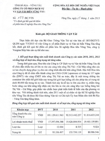 Hiểm họa an toàn hàng hải sau cổ phần hóa doanh nghiệp hoa tiêu - 1 Báo cáo của Vungtau Ship gửi Bộ Giao thông vận tải.