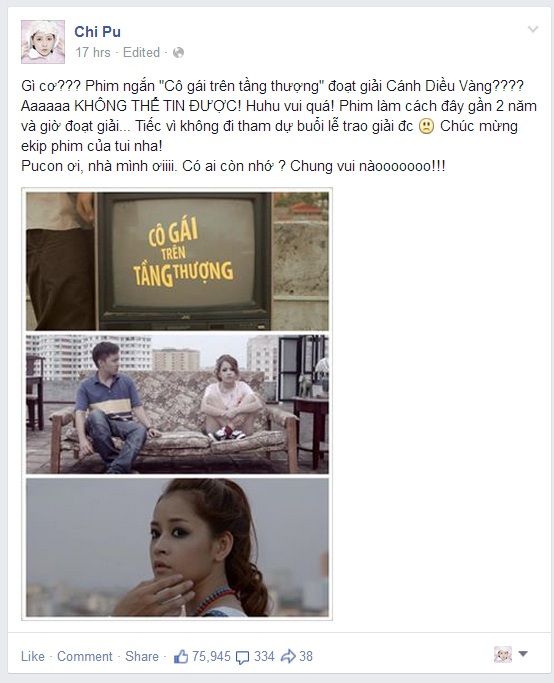 Chi Pu bất ngờ khoe cúp Cánh diều vàng - 2 Nữ diễn viên bày tỏ niềm hạnh phúc.