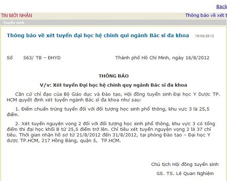 Thông báo chính thức của ĐH Y Dược TPHCM