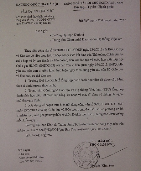 Công văn ĐH Quốc gia Hà Nội báo cáo triển khai thực hiện nội dung