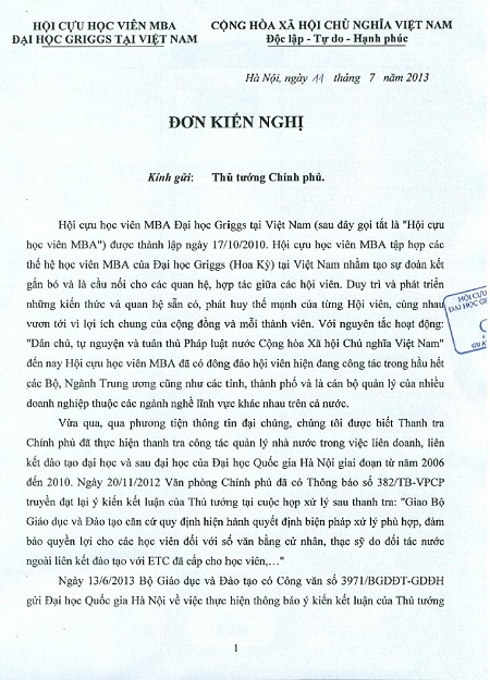 Đơn kiến nghị lên Thủ tướng của Hội cựu học viên MBA do