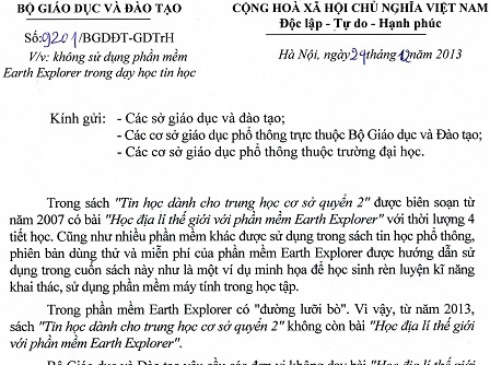 Bộ GD-ĐT yêu cầu dừng sử dụng phần mềm có hình “đường lưỡi bò” - 1 Công văn của Bộ GD-ĐT gửi các Sở GD-ĐT