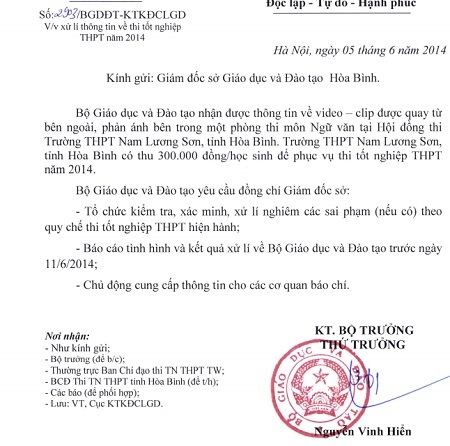 Bộ GD-ĐT yêu cầu Sở GD-ĐT Hòa Bình làm rõ nghi vấn tiêu cực thi cử - 1 Công văn khẩn của Bộ GD-ĐT gửi Sở GD-ĐT Hòa Bình