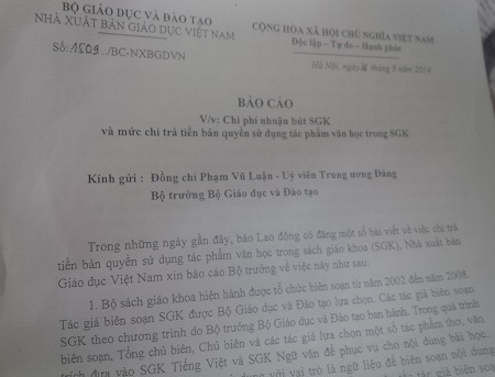Báo cáo Bộ GD-ĐT về bản quyền tác phẩm văn học được sử dụng trong SGK - 2 Báo cáo của nhà xuất bản Giáo dục Việt Nam gửi Bộ trưởng Bộ GD-ĐT.