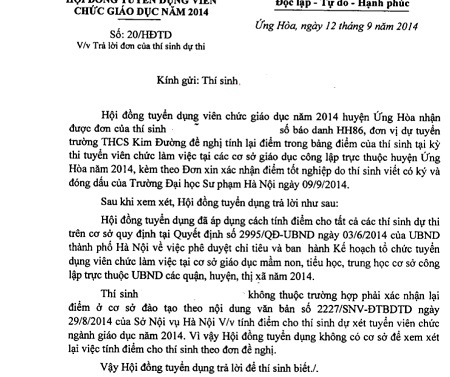 Văn bản trả lời thí sinh N.T.T.T của Hội đồng tuyển dụng