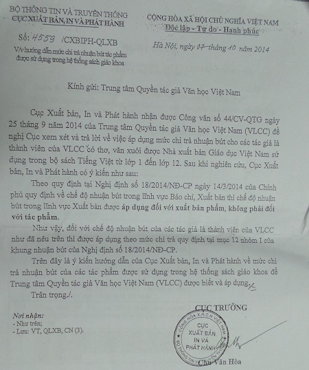 Vụ bản quyền tác giả văn, thơ trong SGK: Sắp có hồi kết! - 1 Cục Xuất bản chính thức có văn bản trả lời VCLL về mức chi trả nhuận