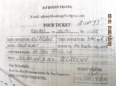 Một cơ sở du lịch nhiều lần lừa đảo du khách nước ngoài - 2 Một mẫu vé không hợp pháp của Adin's Cafe