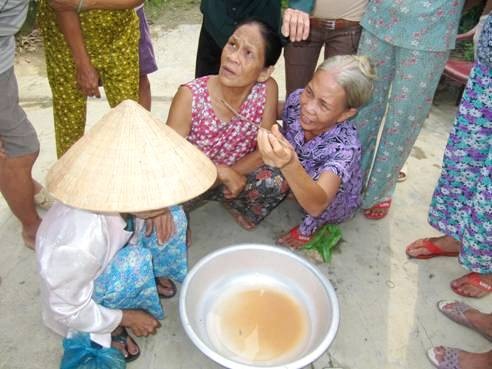 Không xác định được sinh vật lạ trong bim bim vì mẫu nước đã... "biến mất" - 1 Bà Dưa cầm đũa gắp con sinh vật lạ trong thau nước ngâm các miếng snack gói YOYO sau một đêm