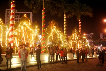 Những hàng thông rực rỡ sắc màu hai bên khách sạn Indochine Palace
