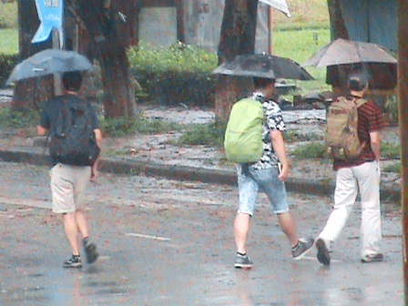 3 khách nam Tây đội dù đi trong mưa bão ở đường Lê Lợi